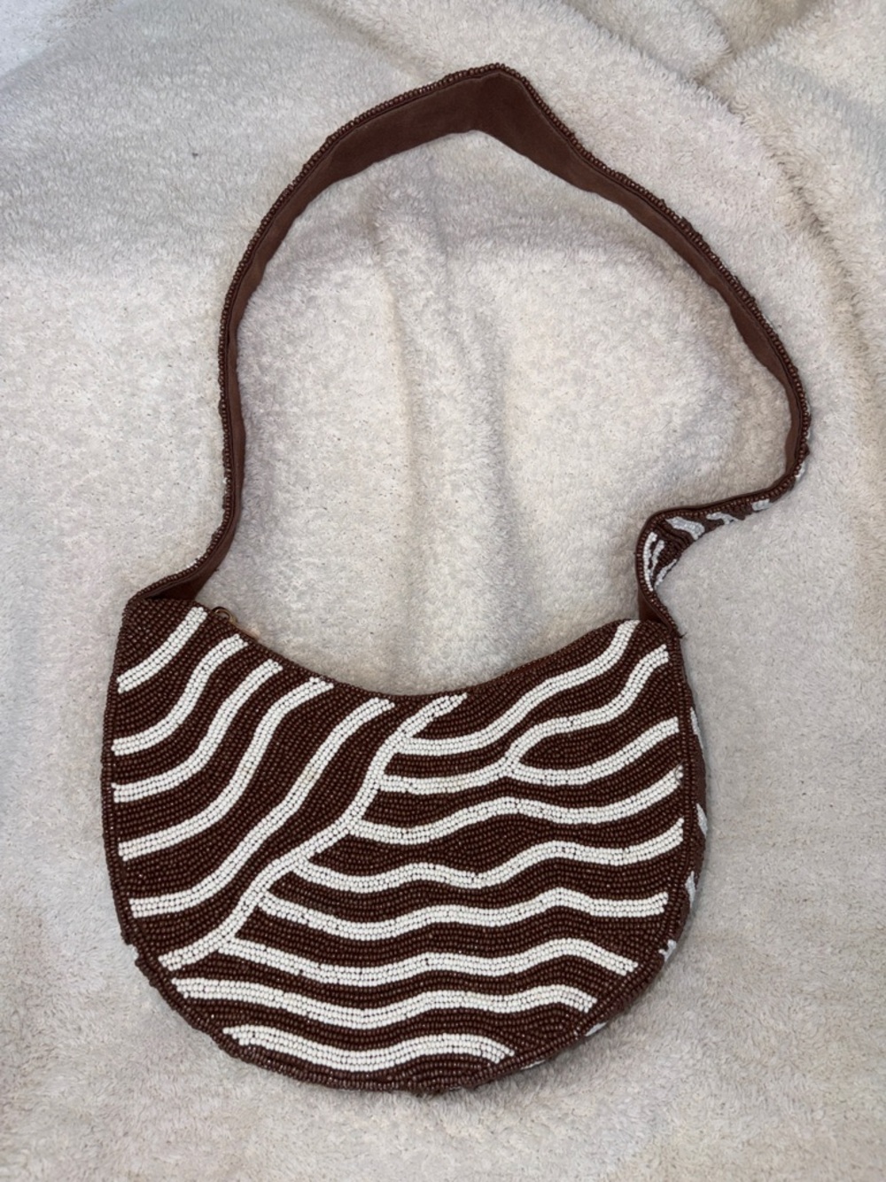 Anthropologie Crescent Beaded Shoulder Bag Brown White Zebra Neutral